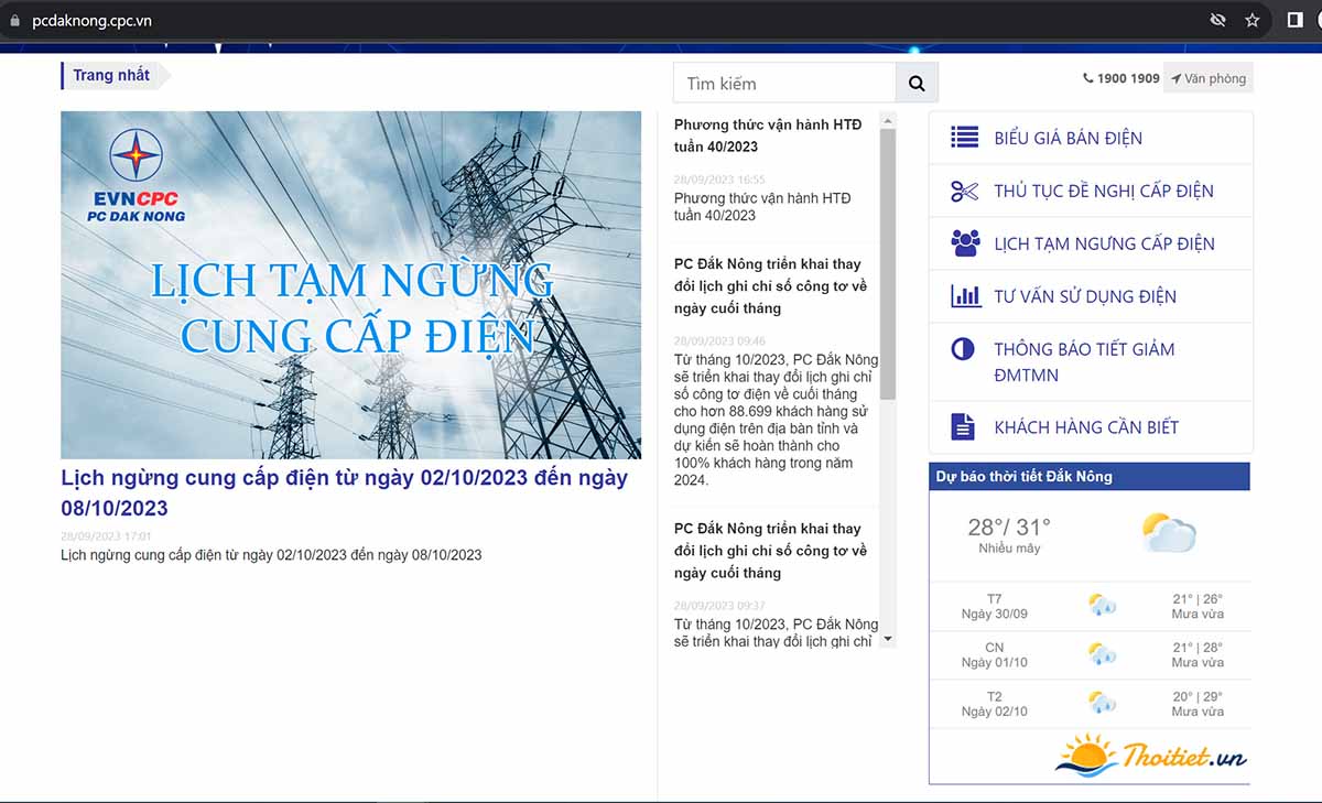 Website công ty Điện lực Đắk Nông tạo widget thời tiết đẹp cho website từ Thoitiet.vn/widget