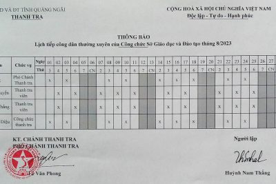 LỊCH TIẾP CÔNG DÂN THÁNG 8 NĂM 2023